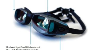 SPITZENSPORTLER ERPROBT Schwimmbrille mit Beschreibung auf weissem grund